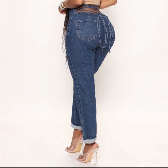 FASHION NOVA TIE EM UP BOYFRIEND JEANS MEDIUM WASH NWT SZ 14 - Picture 1 of 13